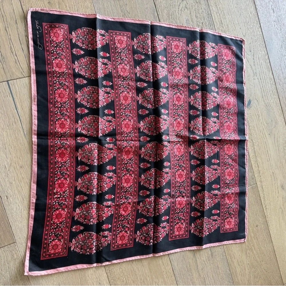 Vintage Oscar de la Renta Silk Scarf - Black & Fuchsia Paisley Floral Motif